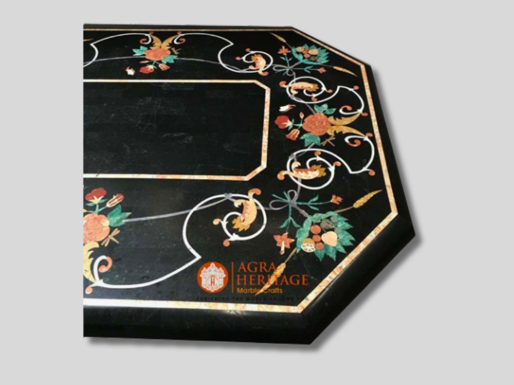 Black Marble Living Room Dining Table Top Inlay Floral Arts